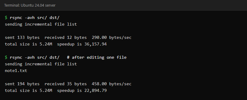 Terminal showing a second rsync run that sends only a few hundred bytes and no files, then a third run after editing note1.txt that transfers only that file