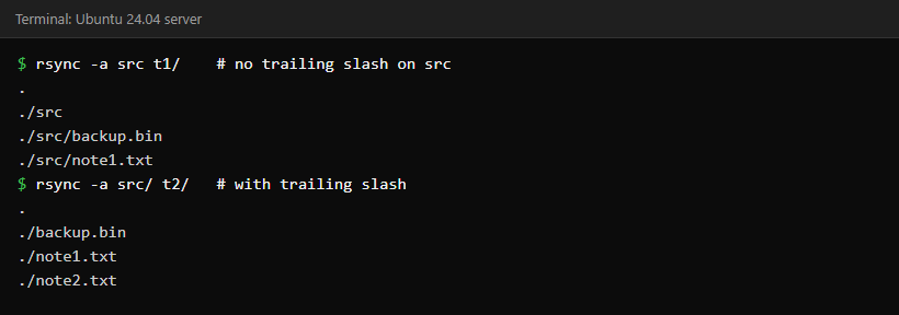 Terminal showing rsync -a src t1/ producing t1/src/backup.bin while rsync -a src/ t2/ places backup.bin directly in t2