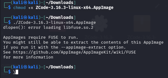 Kali Linux terminal: chmod +x on the ZCode AppImage, then the error dlopen(): error loading libfuse.so.2